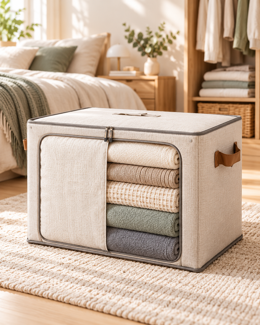 Wecnspel Foldable Storage Box with Clear Window – Large Capacity Fabric Organizer for Clothes, Blankets & Bedding, Space Saving Closet Storage Solution