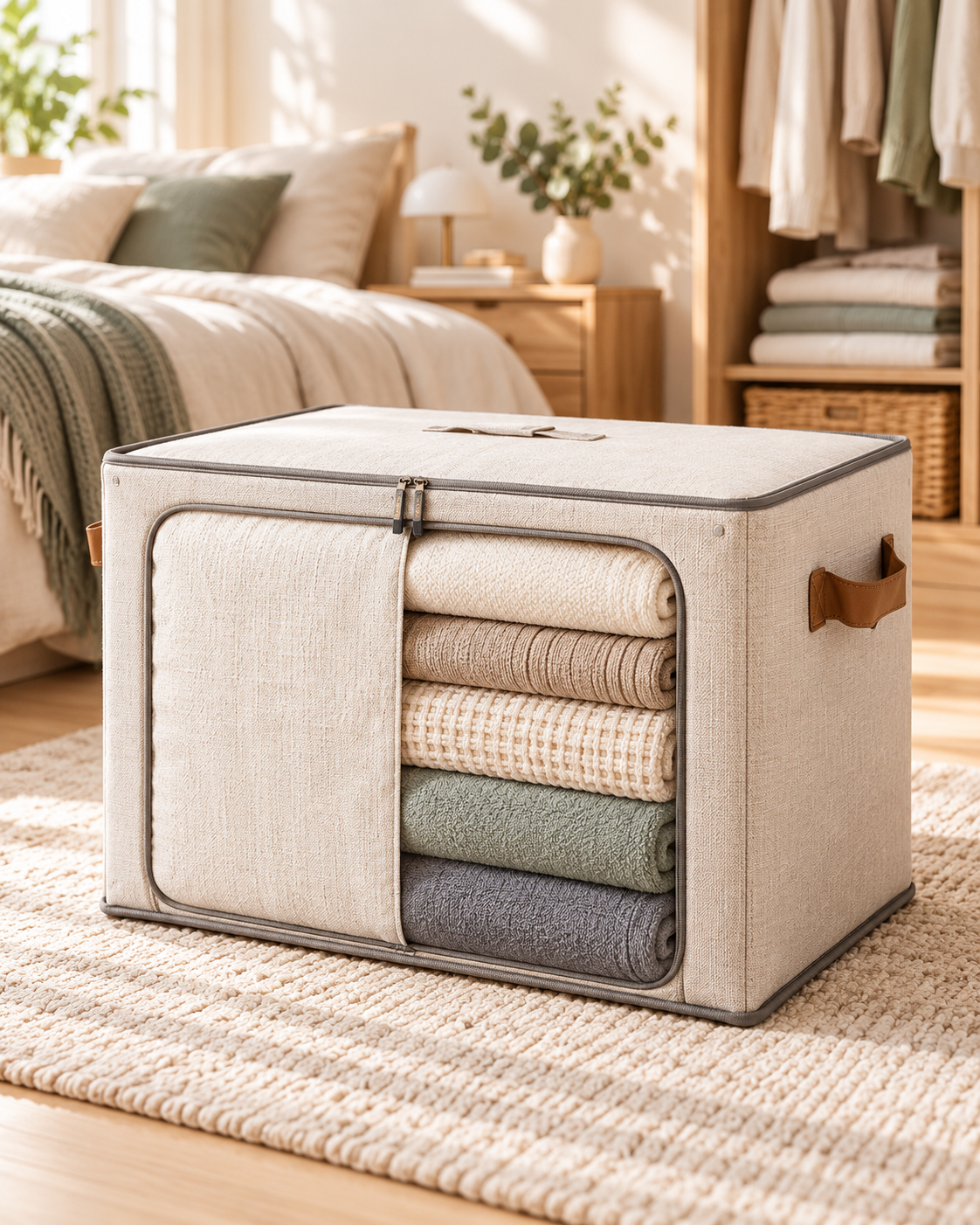 Wecnspel Foldable Storage Box with Clear Window – Large Capacity Fabric Organizer for Clothes, Blankets & Bedding, Space Saving Closet Storage Solution