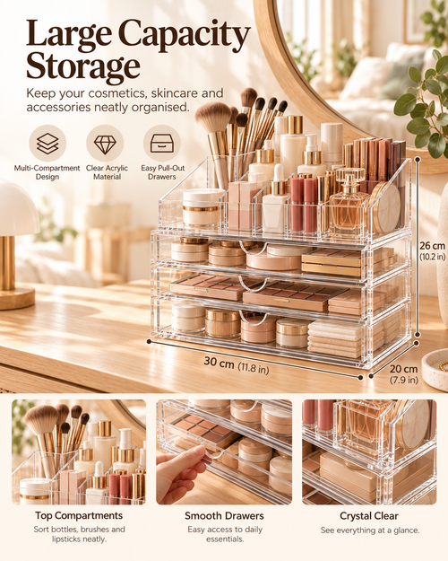 Wecnspel Acrylic Makeup Organizer – Clear Cosmetic Storage Box with Drawers for Skincare, Makeup Brushes, Lipsticks & Beauty Essentials