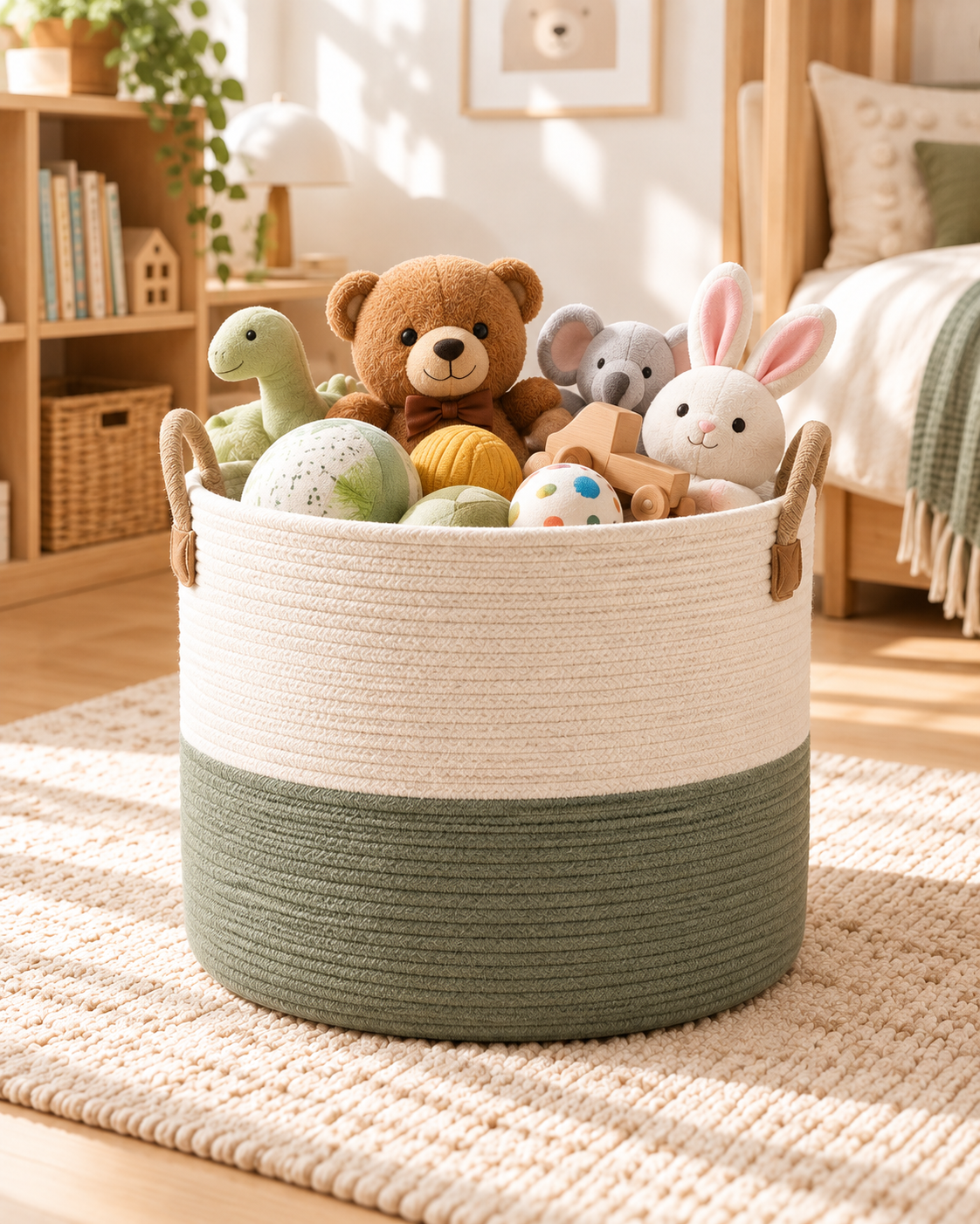 Wecnspel Toy Storage Basket – Large Cotton Rope Organizer Basket with Handles for Toys, Blankets, Nursery & Kids Room Storage
