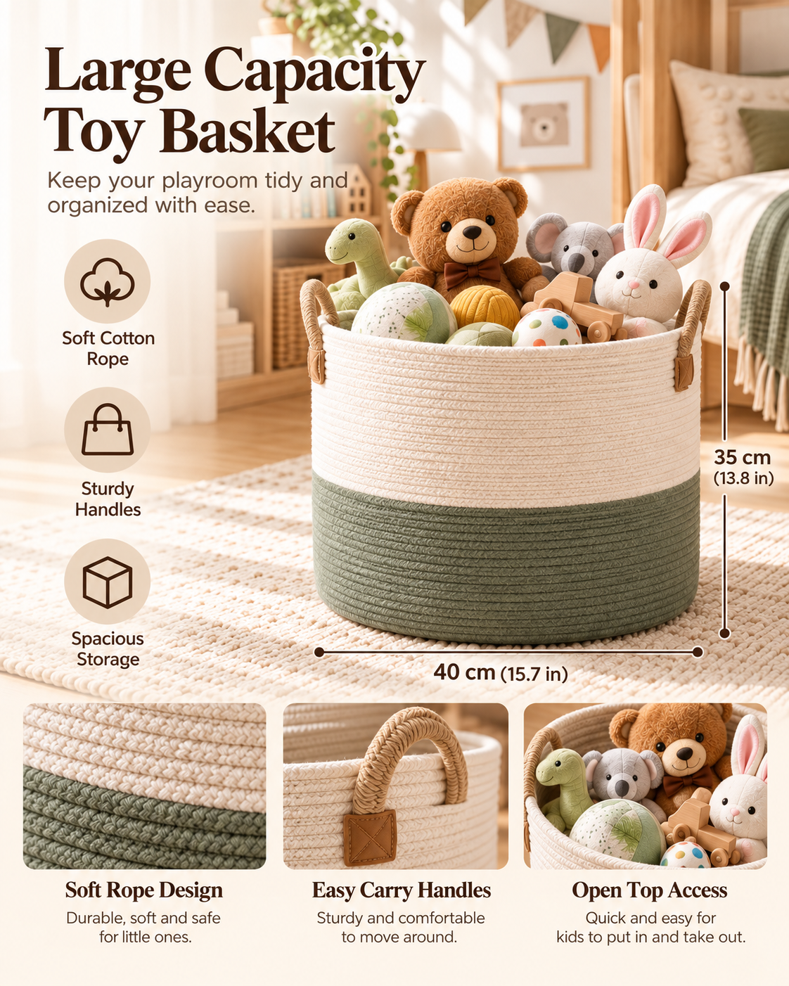 Wecnspel Toy Storage Basket – Large Cotton Rope Organizer Basket with Handles for Toys, Blankets, Nursery & Kids Room Storage