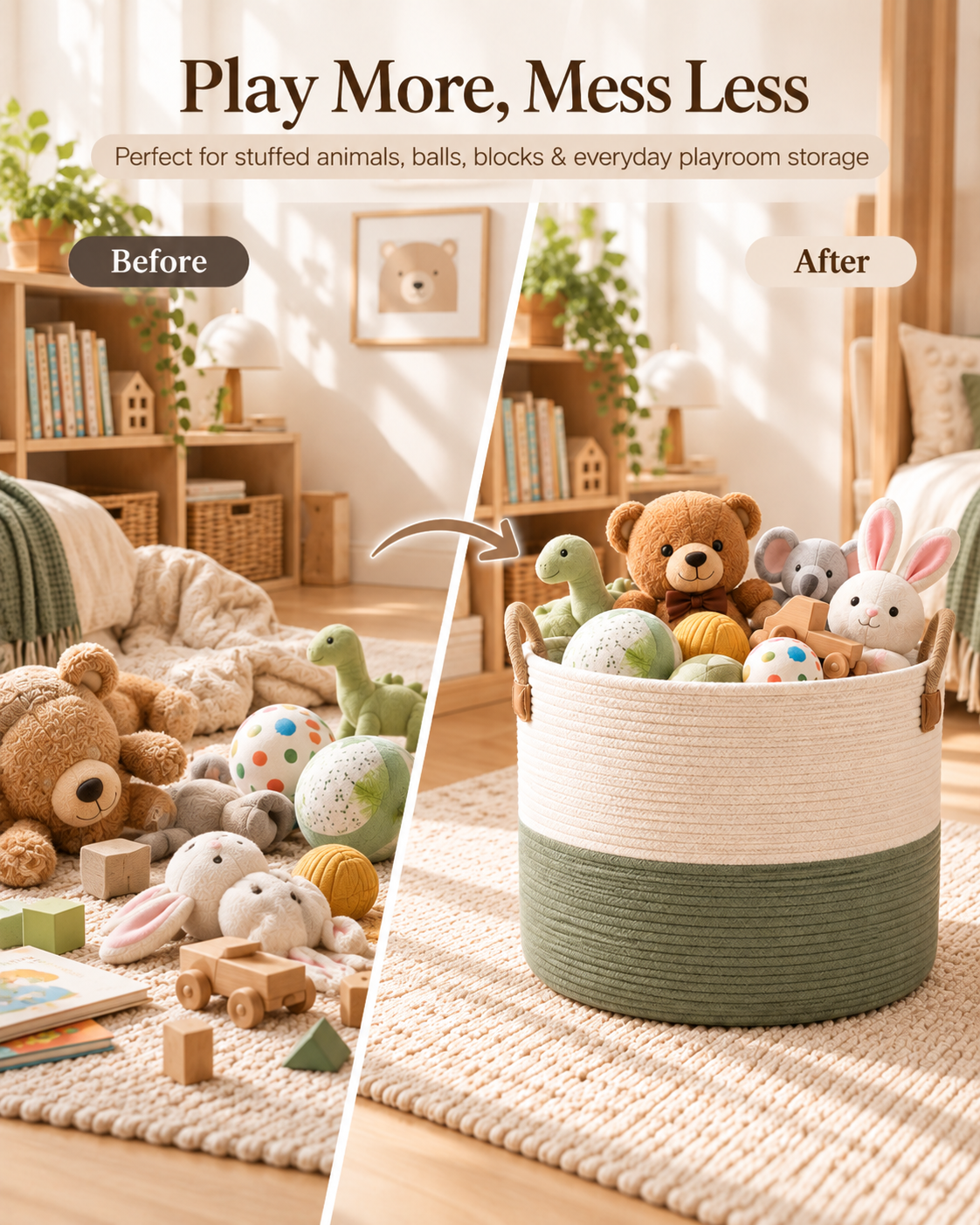 Wecnspel Toy Storage Basket – Large Cotton Rope Organizer Basket with Handles for Toys, Blankets, Nursery & Kids Room Storage