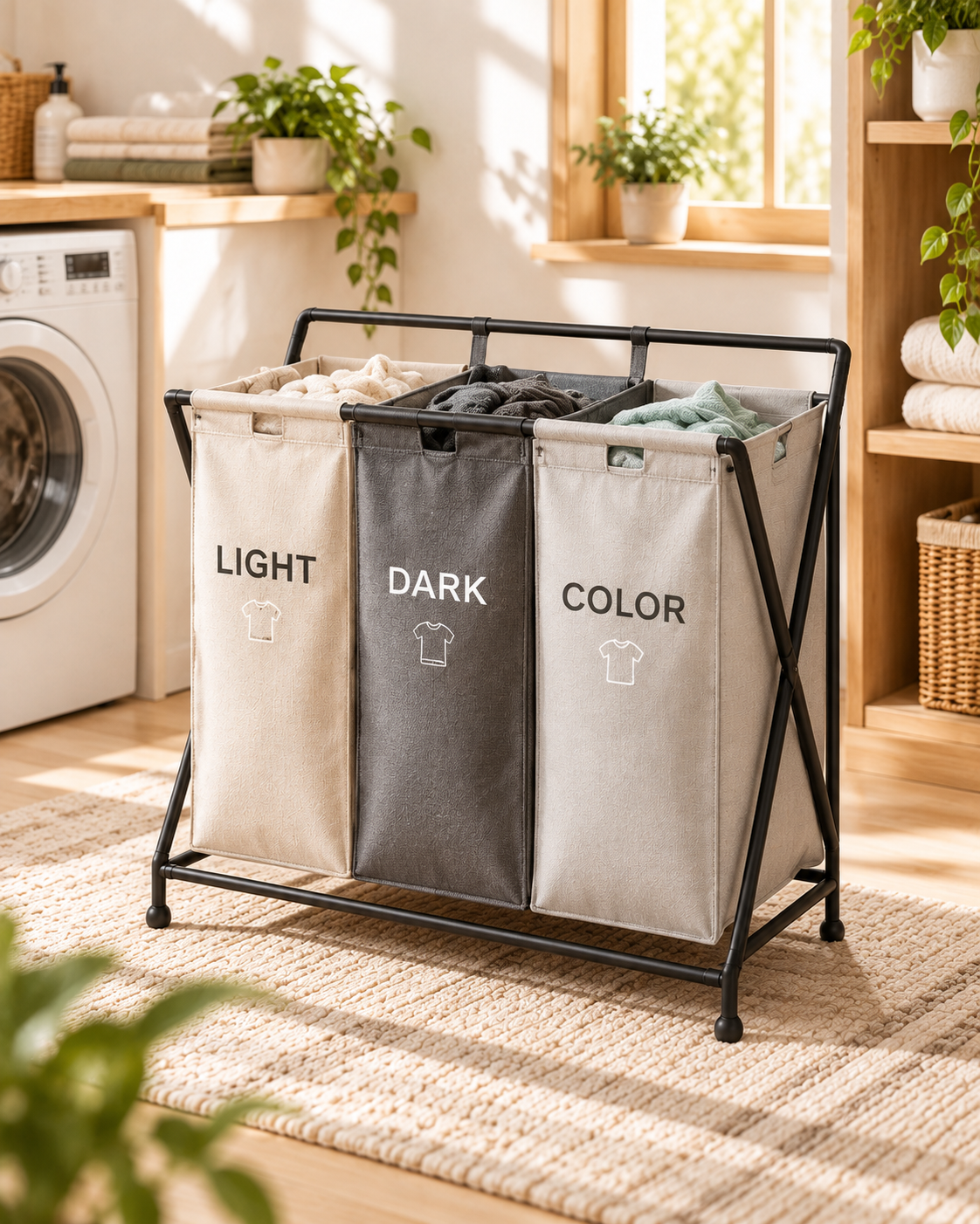 Wecnspel 3 Compartment Laundry Hamper – Large Capacity Clothes Sorting Basket with Removable Bags for Light, Dark &amp; Color Laundry Organization