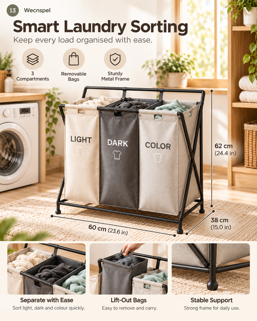 Wecnspel 3 Compartment Laundry Hamper – Large Capacity Clothes Sorting Basket with Removable Bags for Light, Dark &amp; Color Laundry Organization