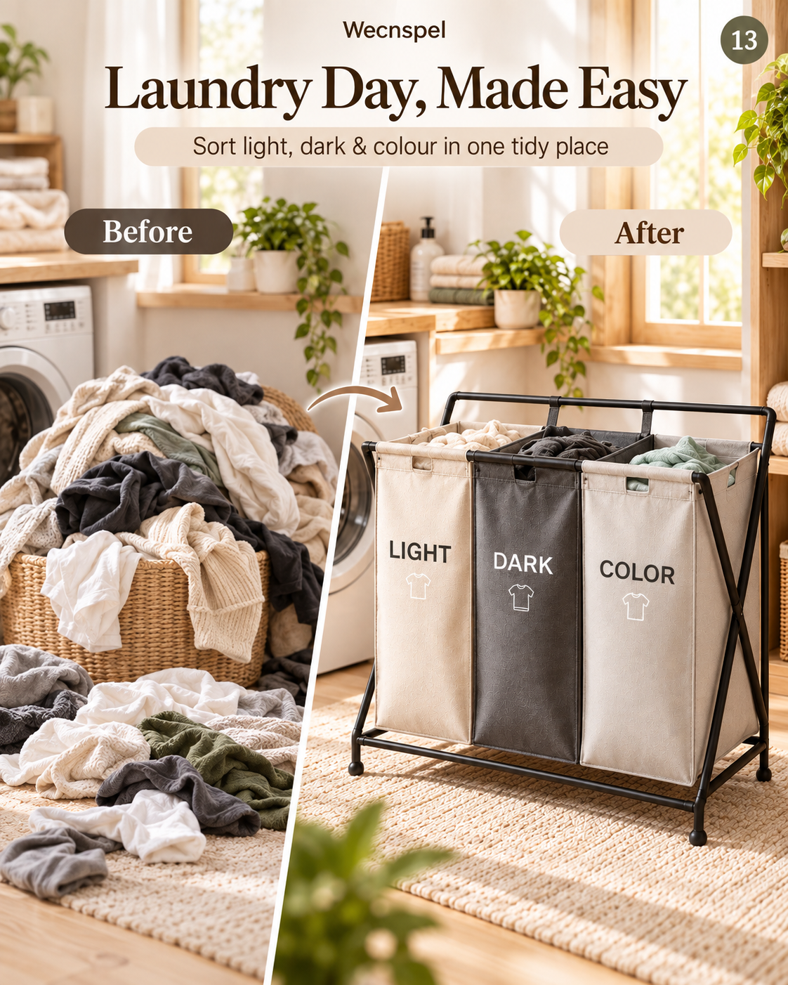 Wecnspel 3 Compartment Laundry Hamper – Large Capacity Clothes Sorting Basket with Removable Bags for Light, Dark &amp; Color Laundry Organization