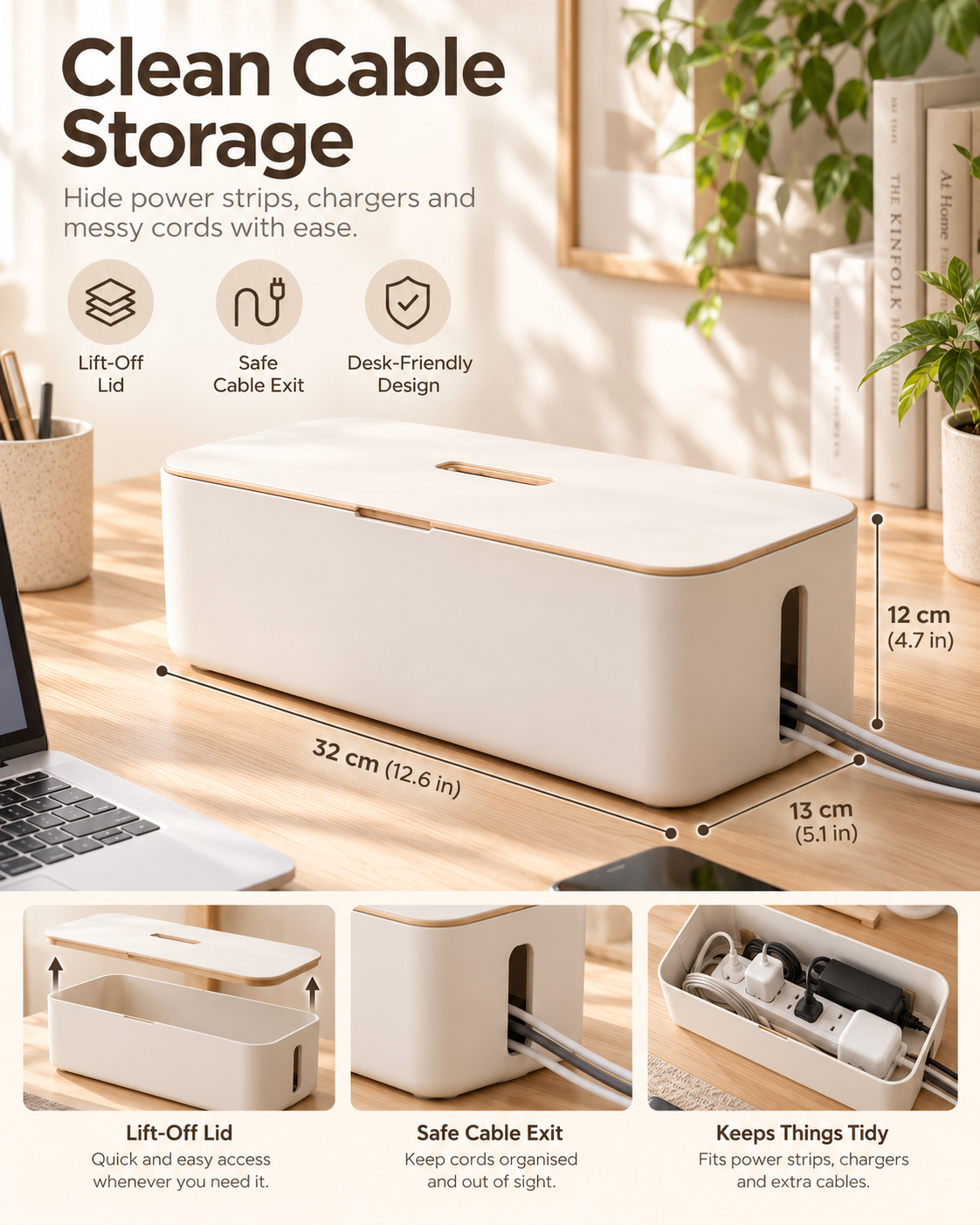 Wecnspel Cable Management Box – Desk Cord Organizer with Cable Outlet for Power Strips, Chargers & Wires, Clean Home Office Storage Solution