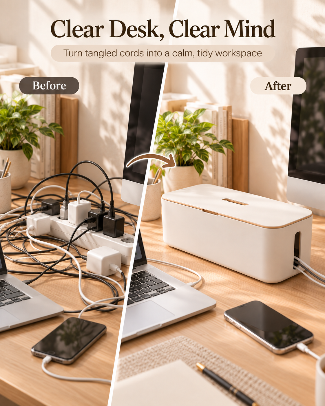 Wecnspel Cable Management Box – Desk Cord Organizer with Cable Outlet for Power Strips, Chargers & Wires, Clean Home Office Storage Solution