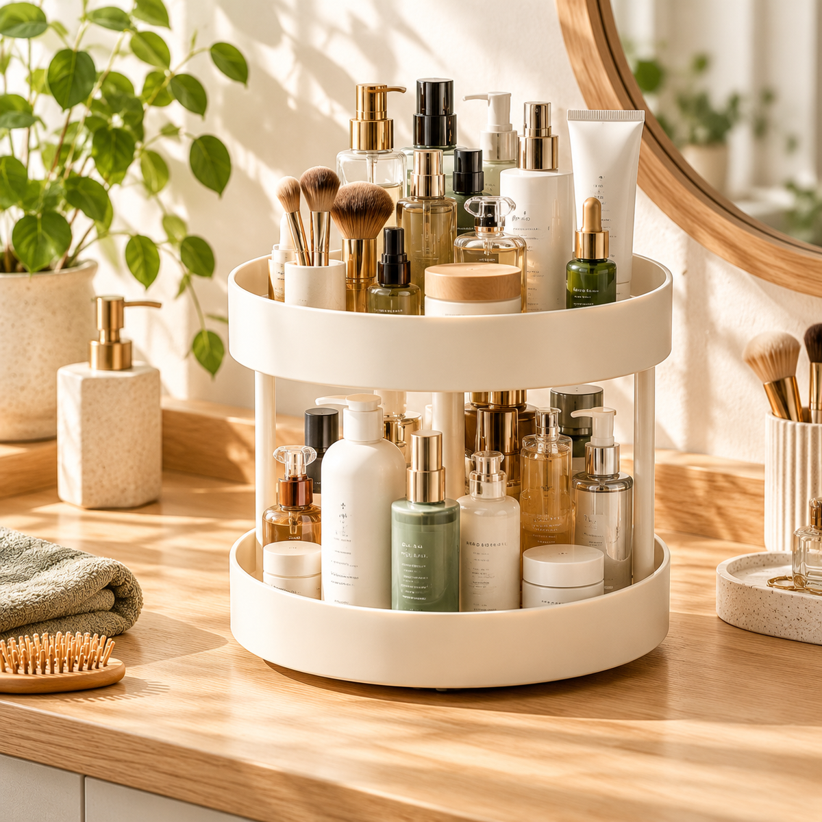 Wecnspel 360° Rotating Storage Rack – Double Layer Lazy Susan Organizer for Kitchen Countertop, Bathroom Vanity & Makeup Essentials, Space Saving Home Organization Solution
