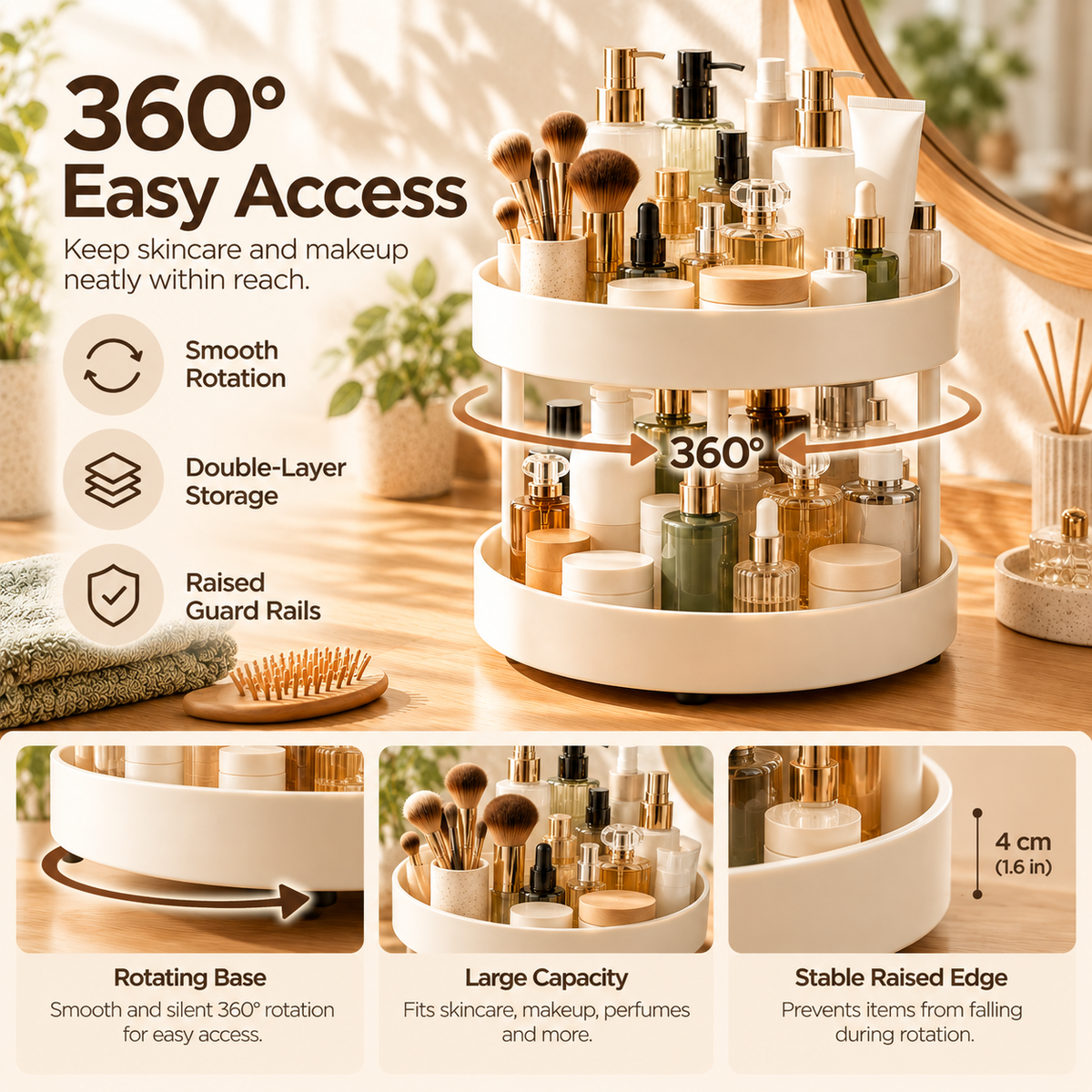 Wecnspel 360° Rotating Storage Rack – Double Layer Lazy Susan Organizer for Kitchen Countertop, Bathroom Vanity & Makeup Essentials, Space Saving Home Organization Solution