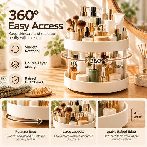 Wecnspel 360° Rotating Storage Rack – Double Layer Lazy Susan Organizer for Kitchen Countertop, Bathroom Vanity & Makeup Essentials, Space Saving Home Organization Solution