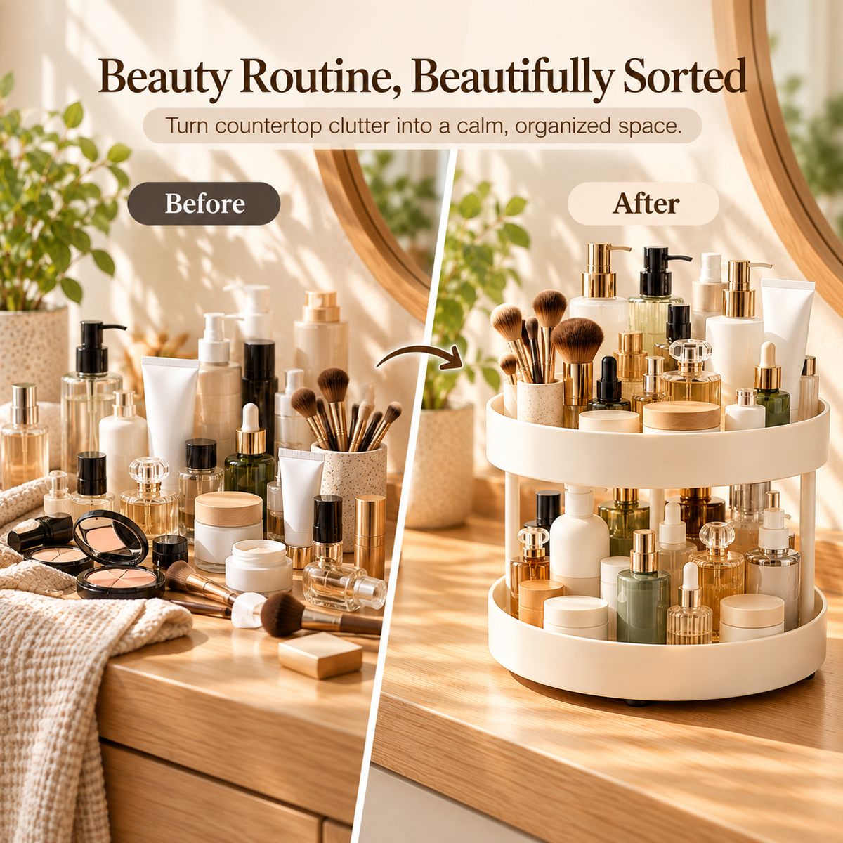 Wecnspel 360° Rotating Storage Rack – Double Layer Lazy Susan Organizer for Kitchen Countertop, Bathroom Vanity & Makeup Essentials, Space Saving Home Organization Solution