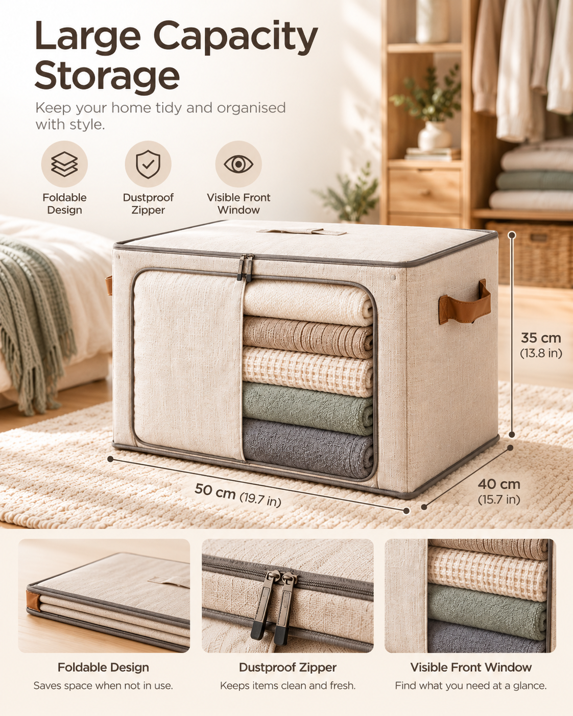 Wecnspel Foldable Storage Box with Clear Window – Large Capacity Fabric Organizer for Clothes, Blankets & Bedding, Space Saving Closet Storage Solution