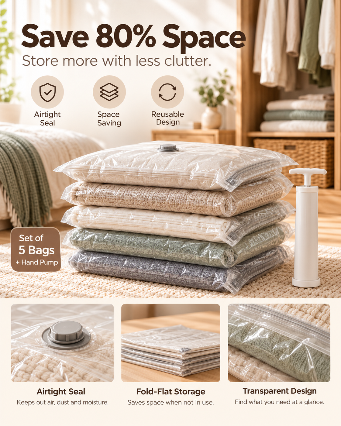 Wecnspel Vacuum Storage Bags Set with Hand Pump – Space Saving Compression Bags for Clothes, Blankets, Bedding & Travel Organization