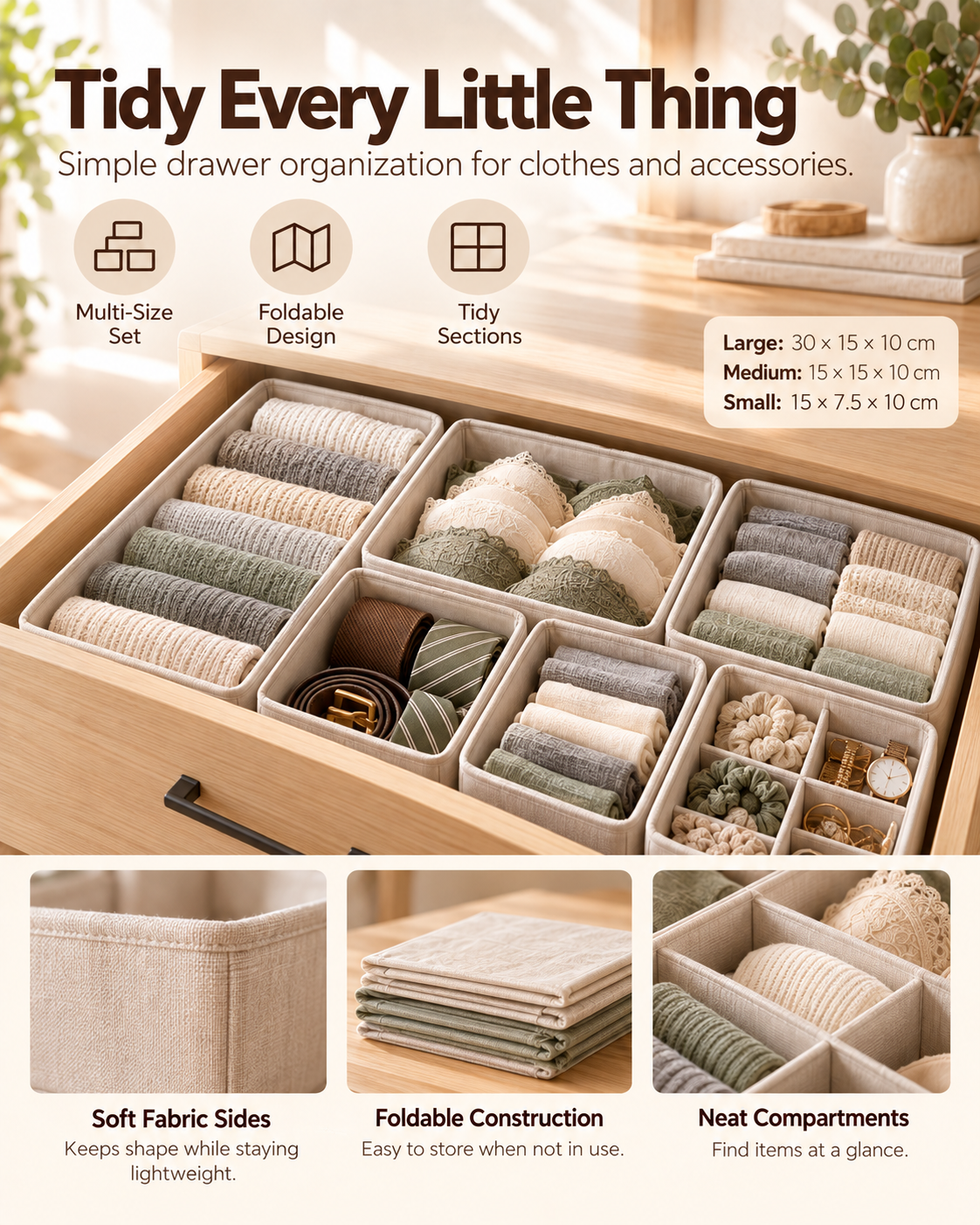 Wecnspel Drawer Organizer Set – Foldable Fabric Storage Boxes for Clothes, Socks, Underwear & Accessories, Closet Drawer Organization Solution