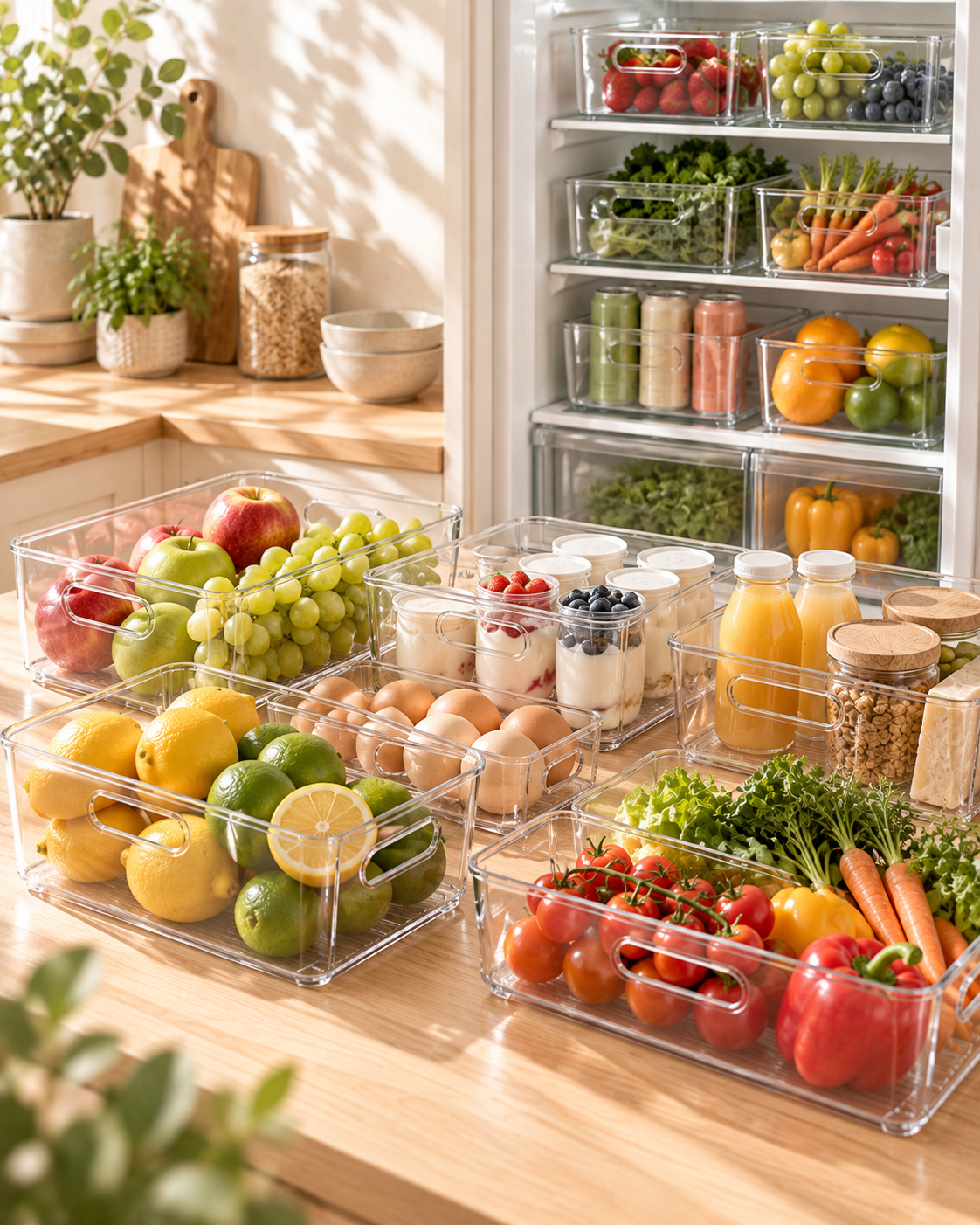 Wecnspel Fridge Organizer Bins Set – Clear Stackable Storage Containers with Handles for Fruits, Vegetables, Drinks & Kitchen Refrigerator Organization