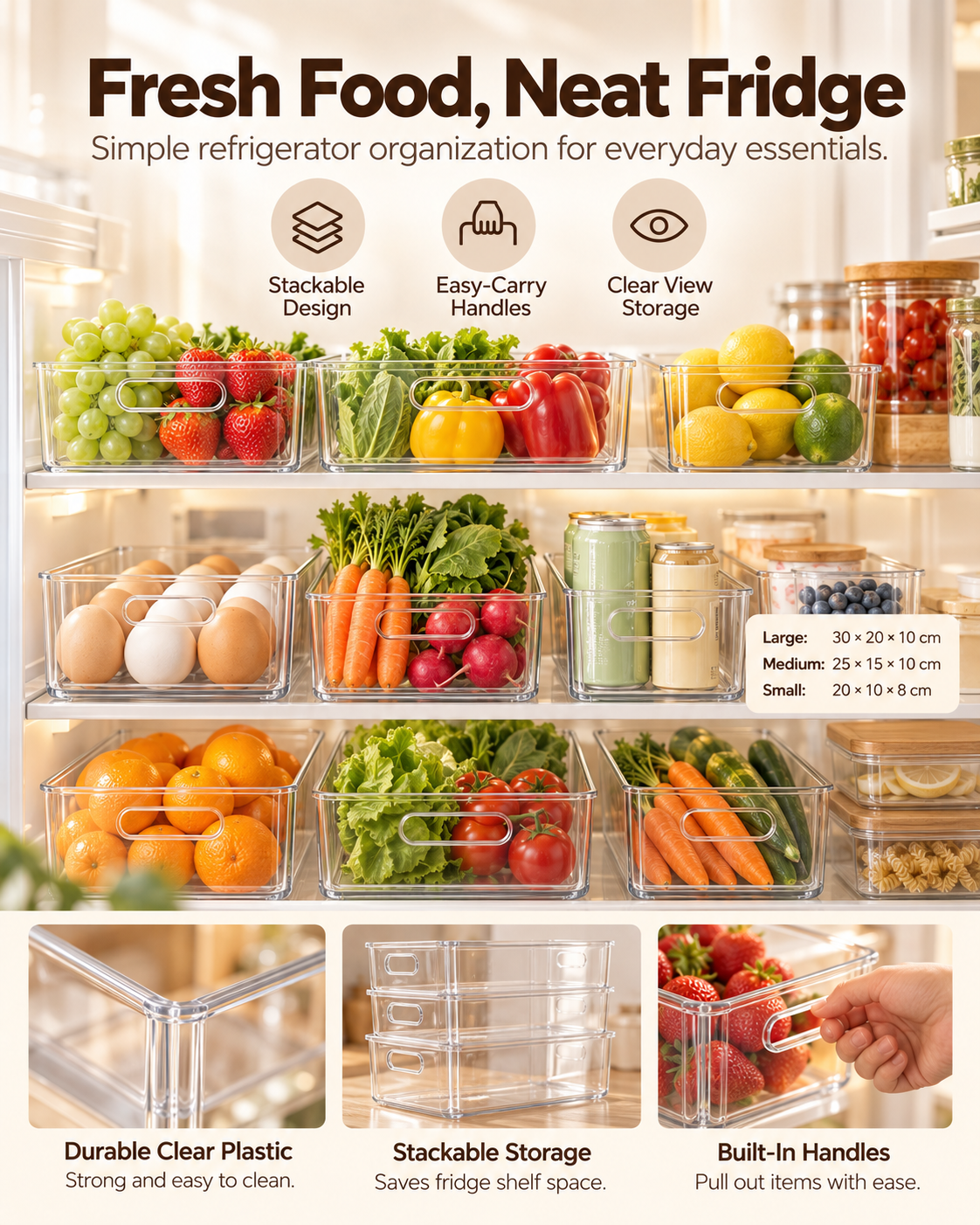 Wecnspel Fridge Organizer Bins Set – Clear Stackable Storage Containers with Handles for Fruits, Vegetables, Drinks & Kitchen Refrigerator Organization