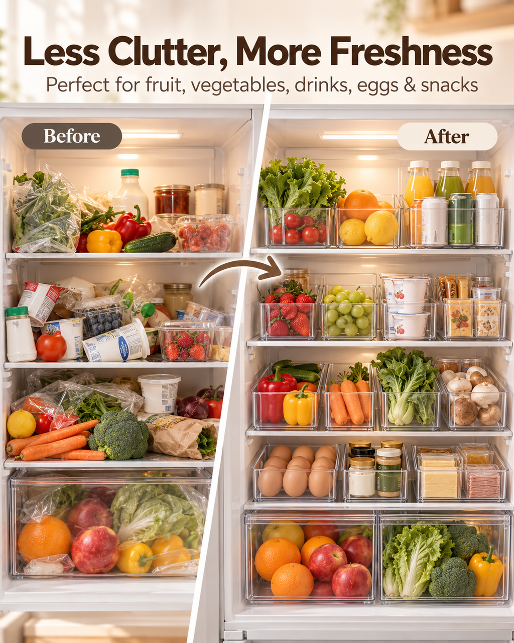 Wecnspel Fridge Organizer Bins Set – Clear Stackable Storage Containers with Handles for Fruits, Vegetables, Drinks & Kitchen Refrigerator Organization