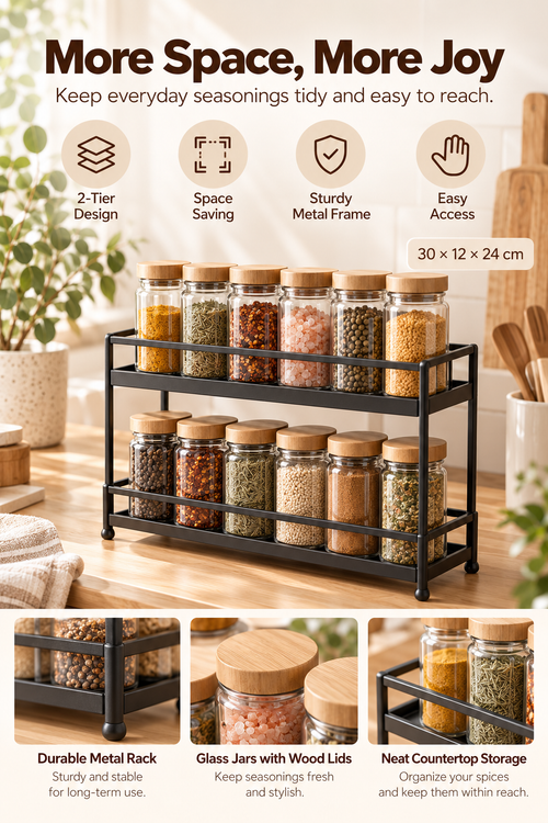 Wecnspel 2 Tier Spice Rack Organizer – Metal Kitchen Countertop Storage Shelf for Seasonings, Spice Jars, Herbs & Cooking Essentials