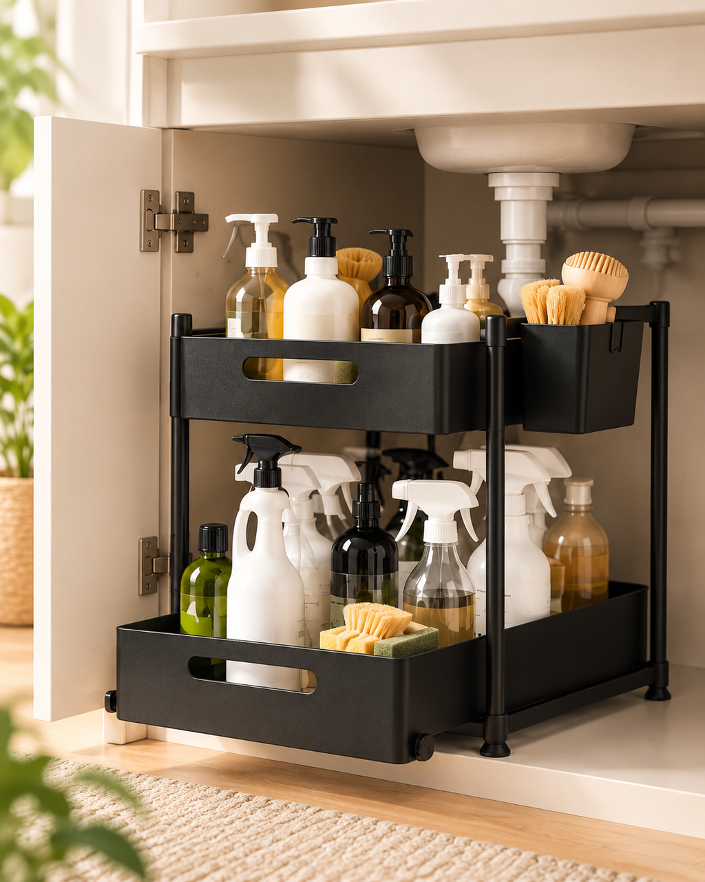 Wecnspel Under Sink Organizer with Pull Out Drawer – 2 Tier Storage Rack for Kitchen Bathroom Cabinets, Space Saving Cleaning Supply Organizer