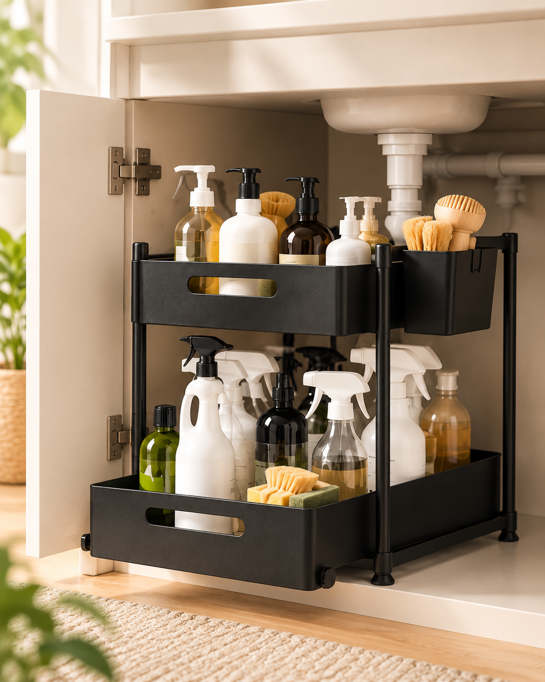 Wecnspel Under Sink Organizer with Pull Out Drawer – 2 Tier Storage Rack for Kitchen Bathroom Cabinets, Space Saving Cleaning Supply Organizer