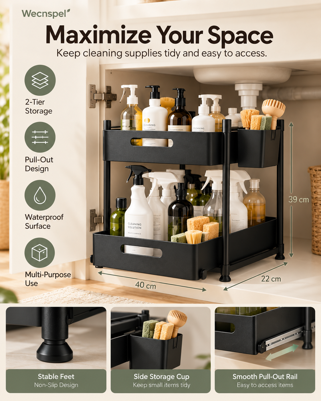 Wecnspel Under Sink Organizer with Pull Out Drawer – 2 Tier Storage Rack for Kitchen Bathroom Cabinets, Space Saving Cleaning Supply Organizer