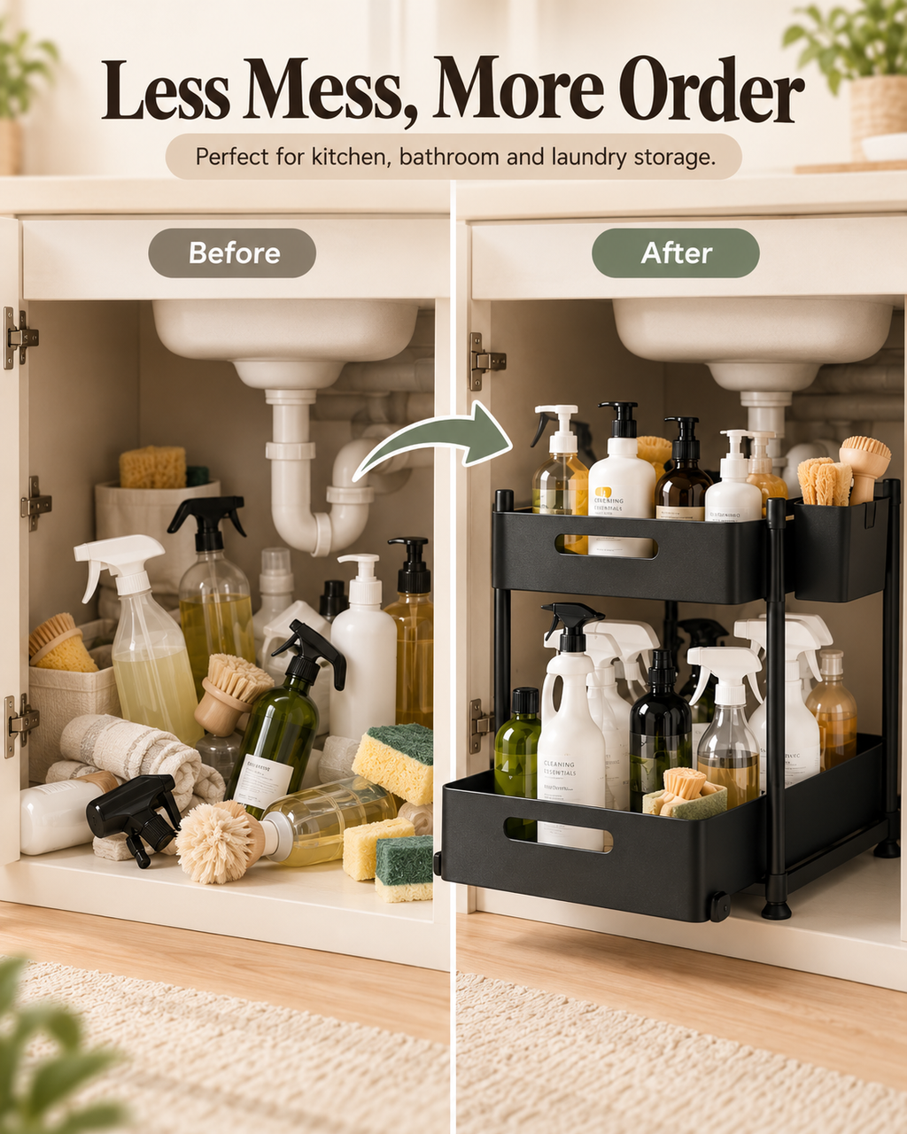 Wecnspel Under Sink Organizer with Pull Out Drawer – 2 Tier Storage Rack for Kitchen Bathroom Cabinets, Space Saving Cleaning Supply Organizer
