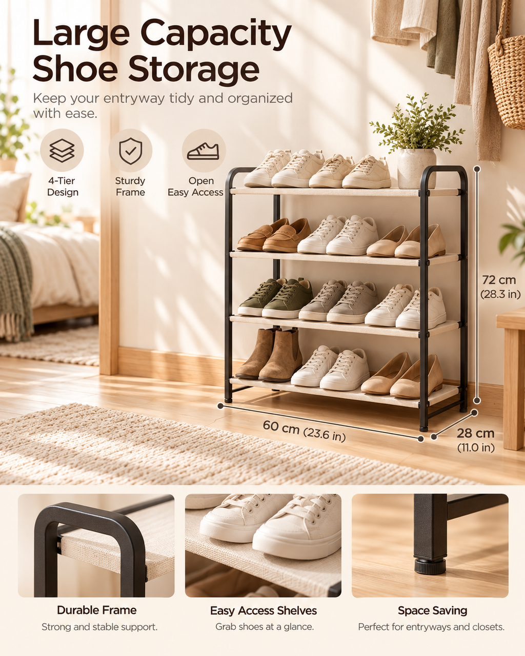 Wecnspel 4 Tier Shoe Rack – Large Capacity Shoe Storage Organizer for Entryway, Bedroom & Closet, Space Saving Metal Shoe Shelf