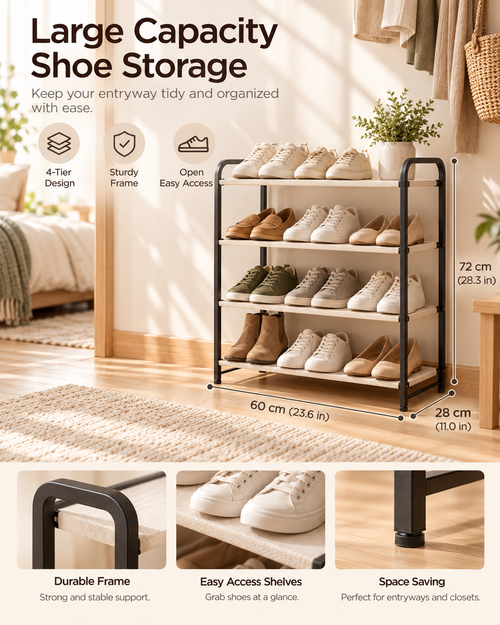 Wecnspel 4 Tier Shoe Rack – Large Capacity Shoe Storage Organizer for Entryway, Bedroom & Closet, Space Saving Metal Shoe Shelf