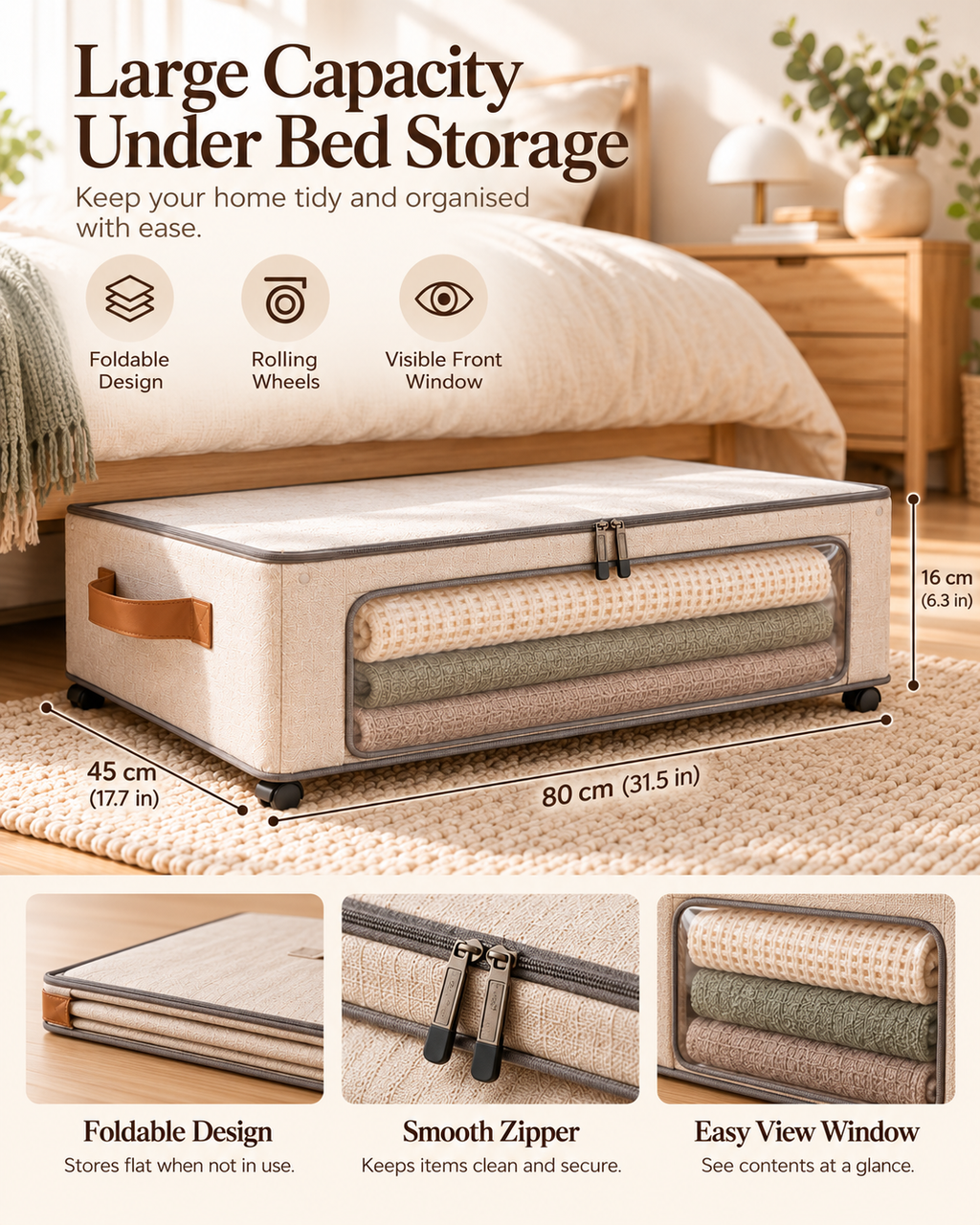 Wecnspel Under Bed Storage Box with Wheels – Large Capacity Rolling Organizer for Clothes, Blankets, Bedding & Seasonal Home Storage 建议售价：